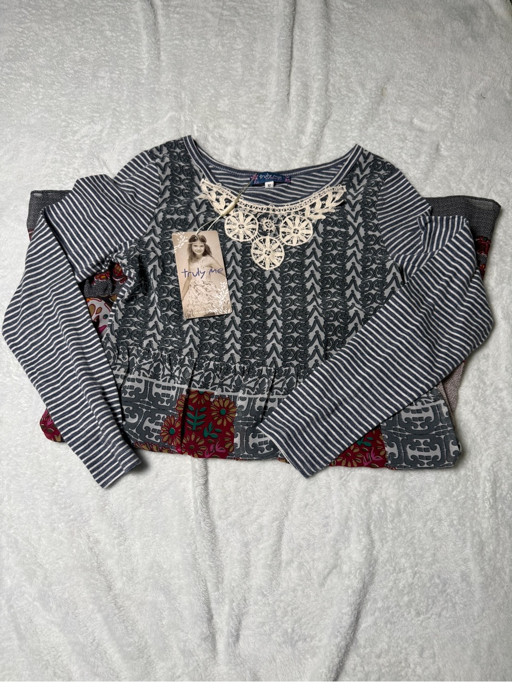Truly Me Girls Sz 12 Mixed Media Boho Paisley Lace Crochet Tiered Dress NWT